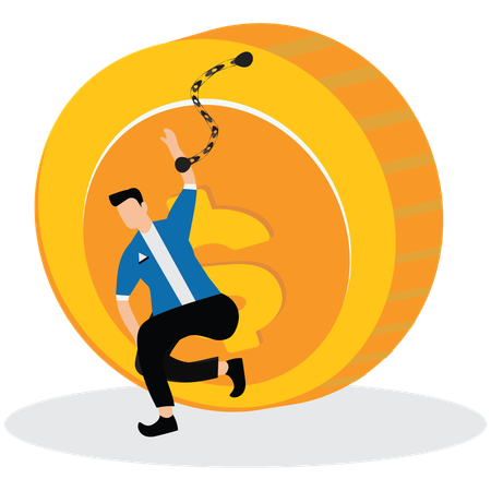 Squatting businessman with his hands cuffed with large gold coins tries to restrain him  Illustration