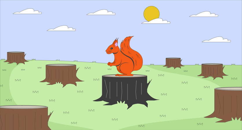 Squirrel lost and Deforestation environmental  Illustration