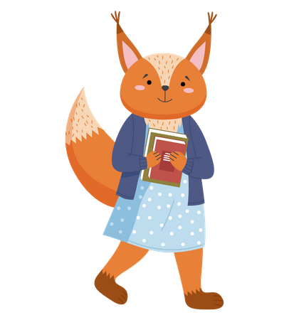 Squirrel schoolgirl with stack of books  Illustration