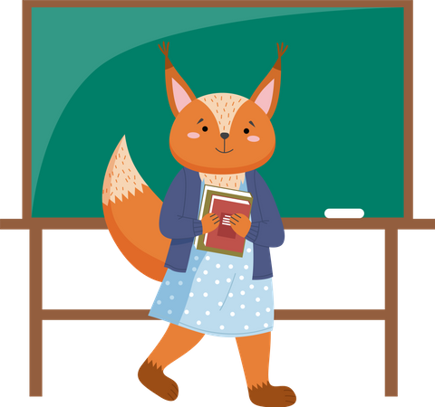 Squirrel schoolgirl with stack of books in hands in class  일러스트레이션