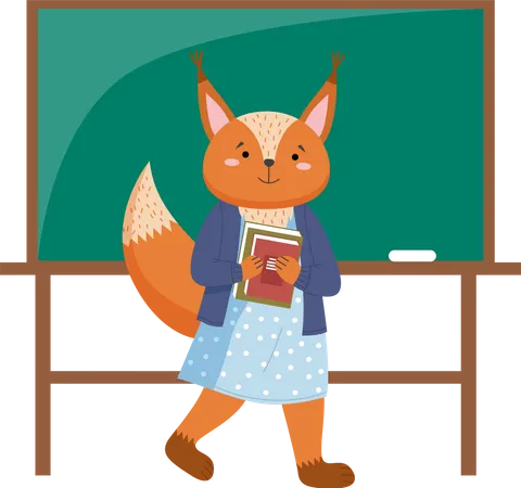 Funny Cartoon Animal Student A Squirrel Schoolgirl With Stack Of Books In Hands In The Class Smart Active Pupil Standing Near School Board Back To School Education Theme Flat Vector Illustration Illustration