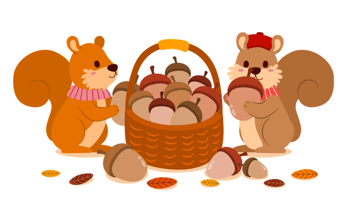Squirrels collecting acorns into a basket  Illustration