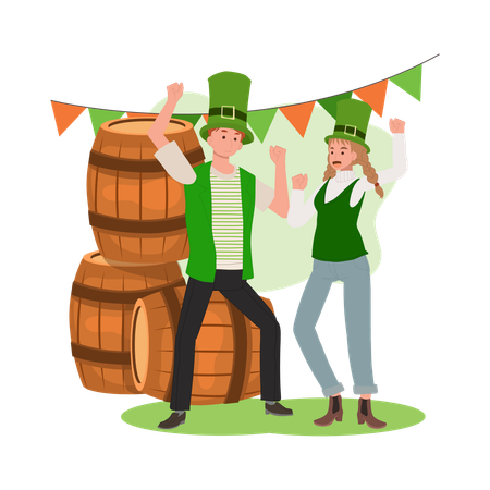 St Patrick Day Celebration. Man and Woman Dancing in Joyful Festivities  Illustration