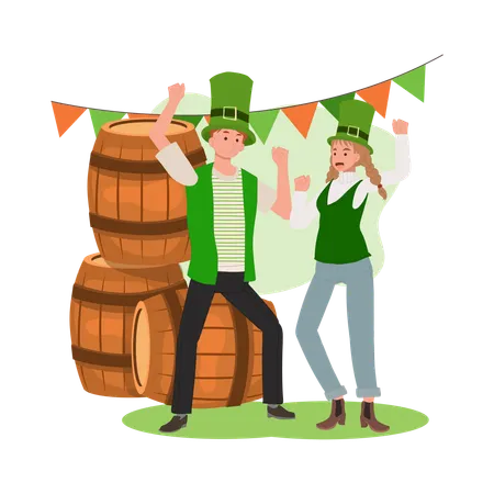 St Patrick Day Celebration. Man and Woman Dancing in Joyful Festivities  Illustration