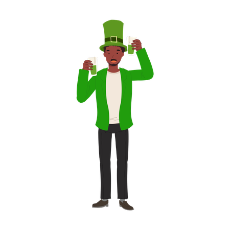 St Patrick's Day Celebration with Green Beer, Smiling Man Celebrating with Green Beer  Illustration
