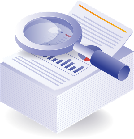 Stack of data analyst papers with magnifying glass  Illustration