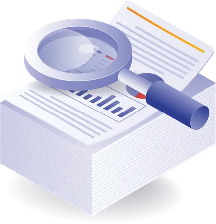 Stack of data analyst papers with magnifying glass  Illustration