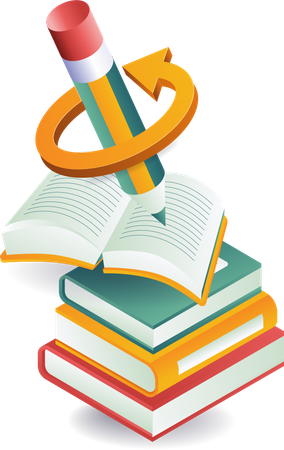 Stack of student books with pencil writing on top of open book  Illustration