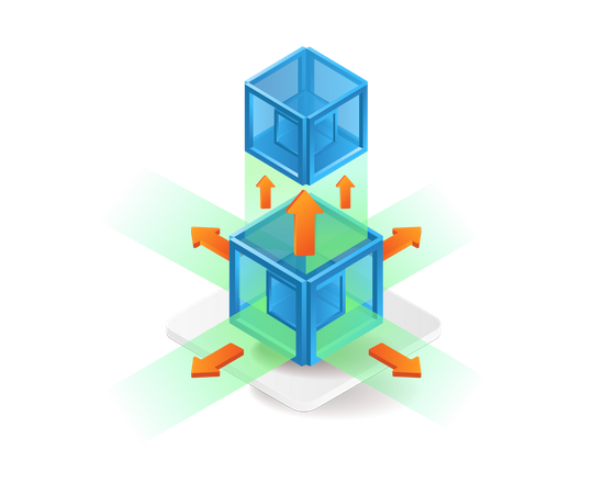 Stacked boxes with arrows going in all directions  Illustration