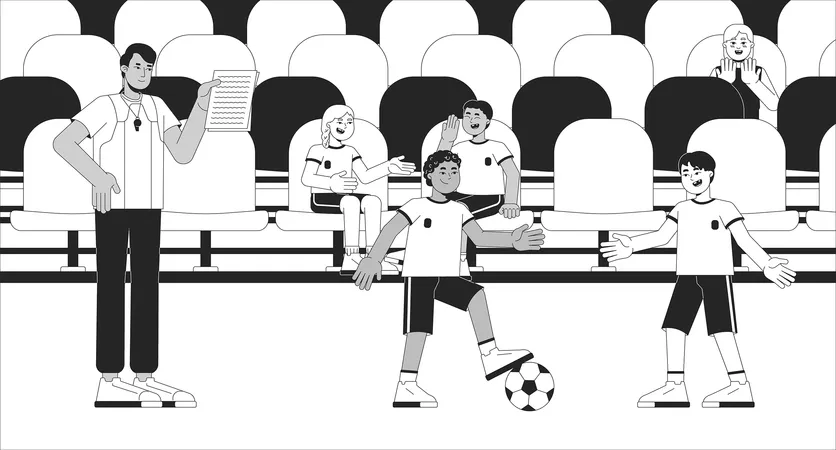 Entraîneur de football du stade, enfants s'entraînant  Illustration