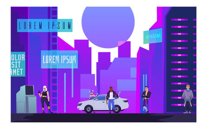 Stadtbild mit Cyberpunks  Illustration