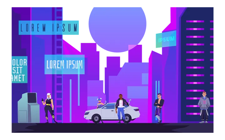 Stadtbild mit Cyberpunks  Illustration