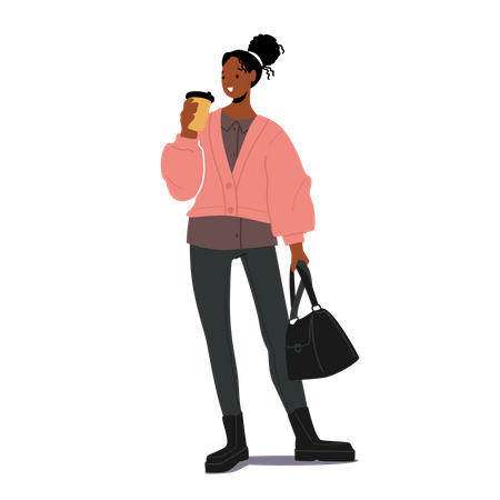Städtisches Mädchen steht und trinkt Kaffee  Illustration