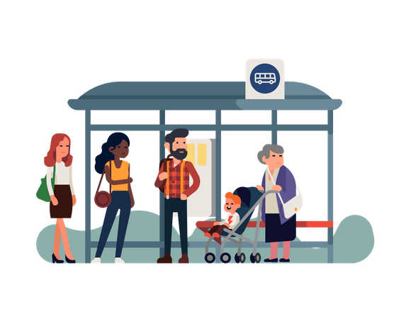 Stadtmenschen warten am Busbahnhof auf den Bus  Illustration