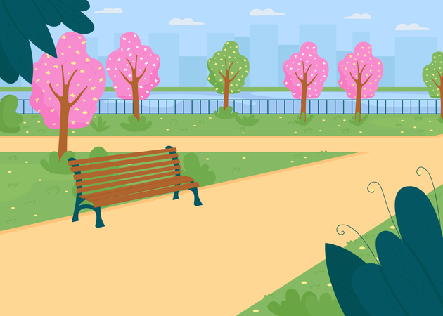 Stadtpark in der Nähe des Flusses im Frühling  Illustration