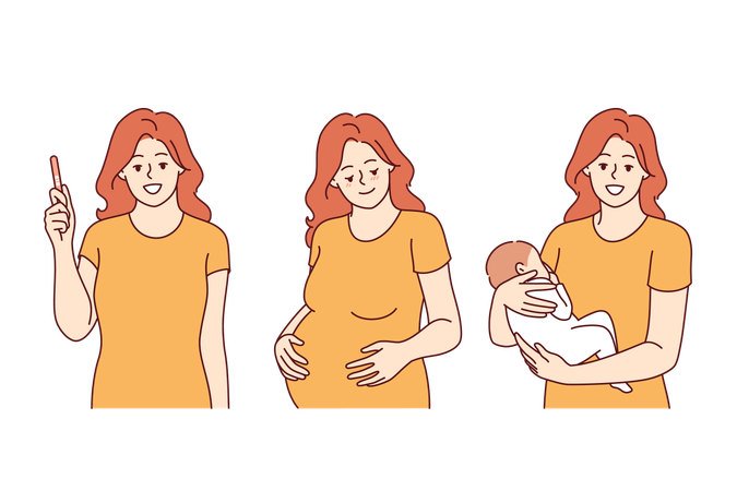 Stages of motherhood and pregnancy in woman holding pregnancy test and baby in hands  Illustration