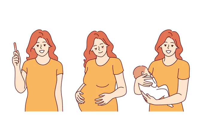 Stages of motherhood and pregnancy in woman holding pregnancy test and baby in hands  Illustration