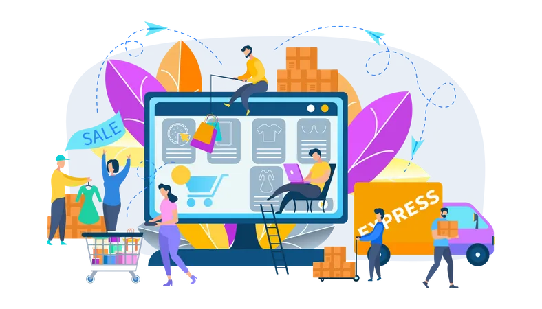 Stages of Online Shopping, Order, Express Delivery Illustration