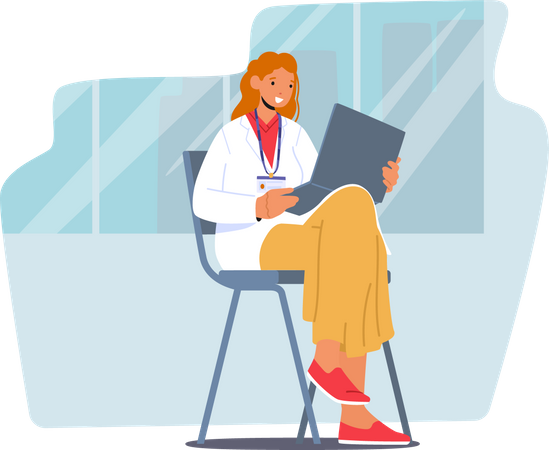 Stagiaire en médecine femme en uniforme de médecin avec badge assis sur une chaise avec dossier en mains  Illustration