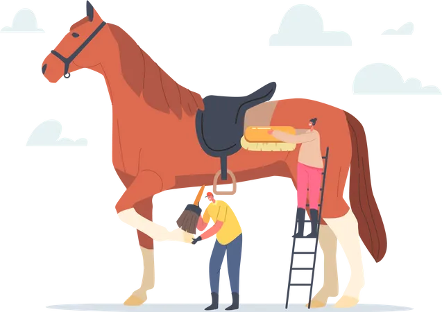 Stallbursche und Stallfrau putzen Pferd  Illustration