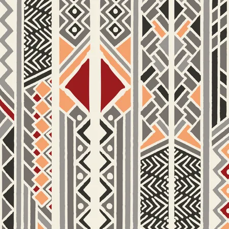 Ethnisches Stammesmuster in farbenfroher Bohème mit geometrischen Elementen, afrikanischem Schlammtuch, Stammesdesign  Illustration