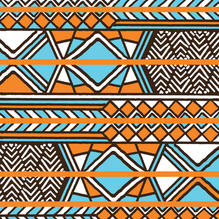 Ethnisches Stammesmuster in farbenfroher Bohème mit geometrischen Elementen, afrikanischem Schlammtuch, Stammesdesign  Illustration