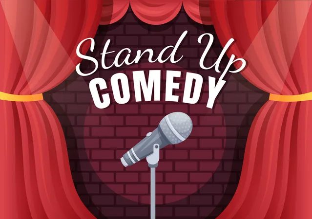 Stand Up Comedy Show Teatro Escena Con Cortinas Rojas Y Microfono Abierto Para El Comediante Actuando En El Escenario En Una Ilustracion De Dibujos Animados De Estilo Plano Ilustración