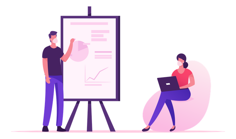 Stand du formateur au tableau blanc avec des graphiques d'analyse des données  Illustration