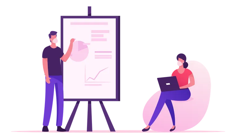 Stand du formateur au tableau blanc avec des graphiques d'analyse des données  Illustration