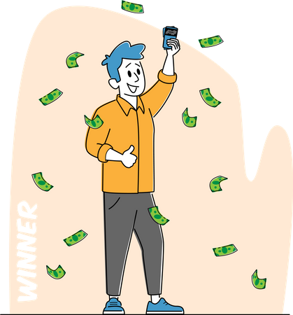 Stand masculin gagnant de loterie sous une pluie d'argent tombante avec des billets chanceux en main  Illustration