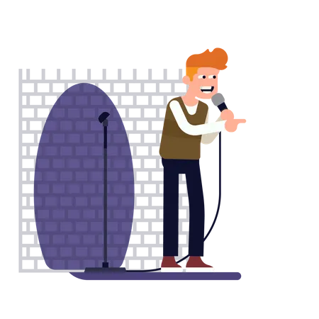 Stand up comedian performing on stage in a spot light holding microphone Illustration