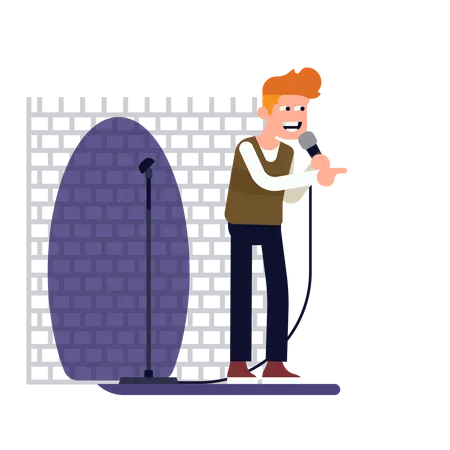 Stand up comedian performing on stage in a spot light holding microphone  Illustration