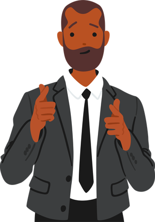 Standing Businessman Character Confidently Points Both Index Fingers Towards Viewer  Illustration