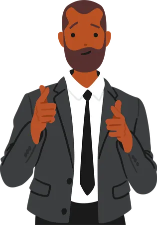 Standing Businessman Character Confidently Points Both Index Fingers Towards Viewer  Illustration