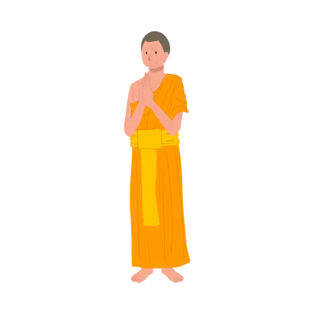 Southeast Asian Cultural Standing Thai Monk Greeting In Meditation Robes Sawasdee Thank You Illustration