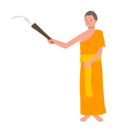 Full Length Standing Thai Monk Sprinkle The Holy Water Illustration