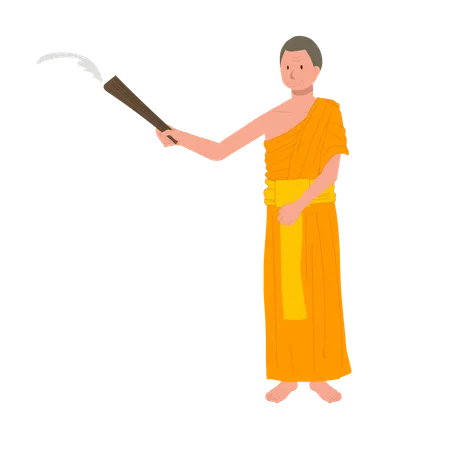 Standing Thai monk sprinkle holy water  Illustration