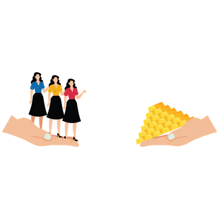 Standing with a bunch of businesswomen in one big hand and a pile of gold coins in the other big hand  Illustration