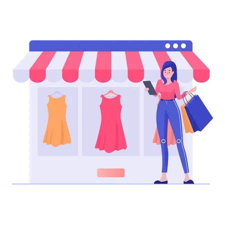 Standing Woman Buying Clothes and Dress Illustration