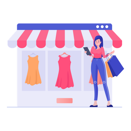 Standing Woman Buying Clothes and Dress  Illustration