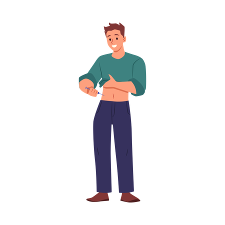 Standing young man doing self injection  Illustration