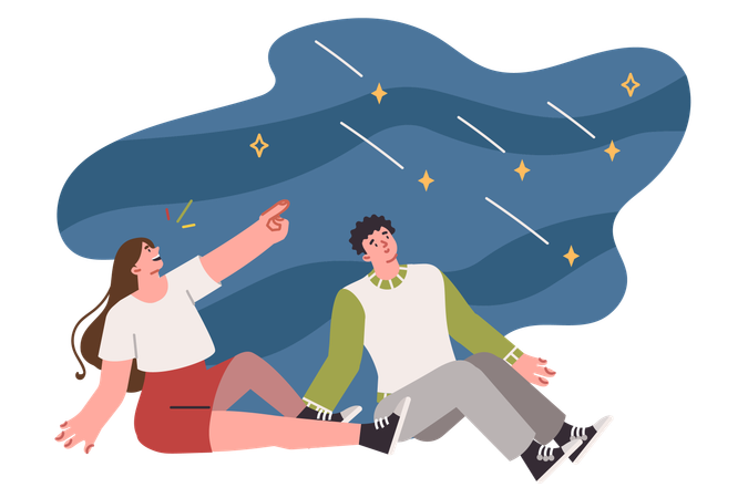 Starfall over heads of couple sitting on ground and admiring stars  Illustration