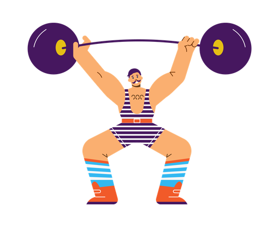 Starker Mann in gestreifter Weste hebt riesige Hantel  Illustration