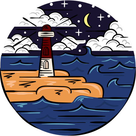 Starry Night Ocean with lighthouse  Illustration