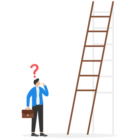 First Step Is Hardest Learning Curve Or Overcome Difficulty When Start New Business Challenge To Succeed In Work Concept Discouraged Businessman Looking At High Steep First Step Of Success Stairway Illustration