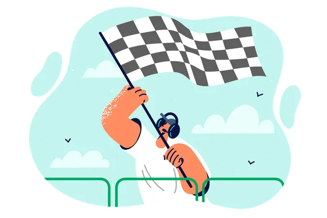 Starting Flag In Hands Of Man Announcing Start Of Race And Giving Signal To Drivers Of High Speed Cars Guy In Headset Waving Race Flag For Concept Of Finish Line In Sports Competition Illustration