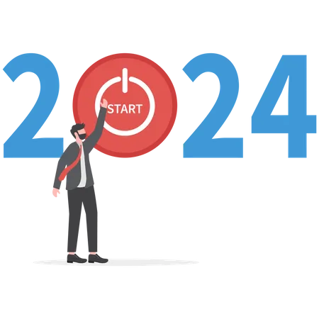 Start Up Company Goals For The Year 2024 Businessman Pushing Start Button To Start Up New Business In 2024 Vector Illustrator Illustration