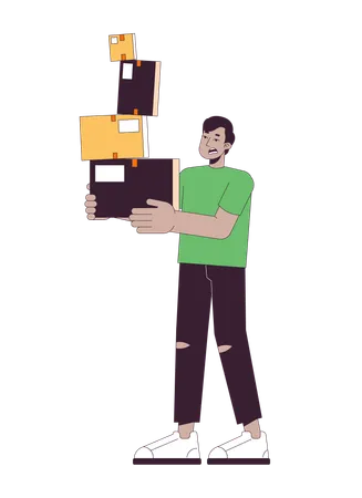 Startled man carrying stacked boxes  Illustration