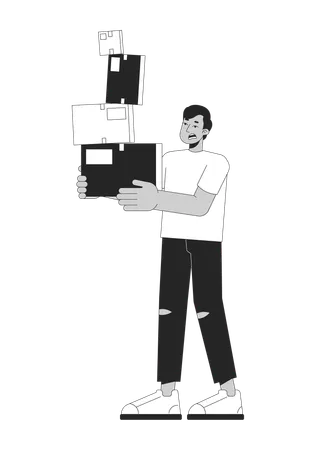 Startled Man Carrying Stacked Boxes Black And White Cartoon Flat Illustration Troubled Indian Guy Holding Cardboard 2 D Lineart Character Isolated Moving Stress Monochrome Scene Vector Outline Image Illustration
