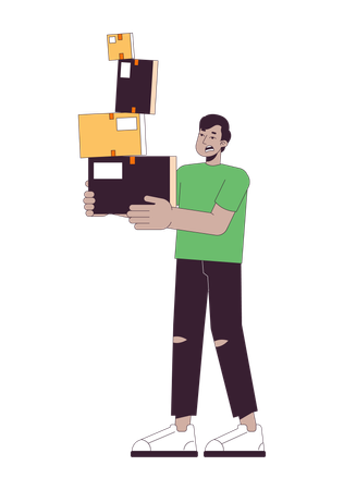 Startled man carrying stacked boxes  Illustration